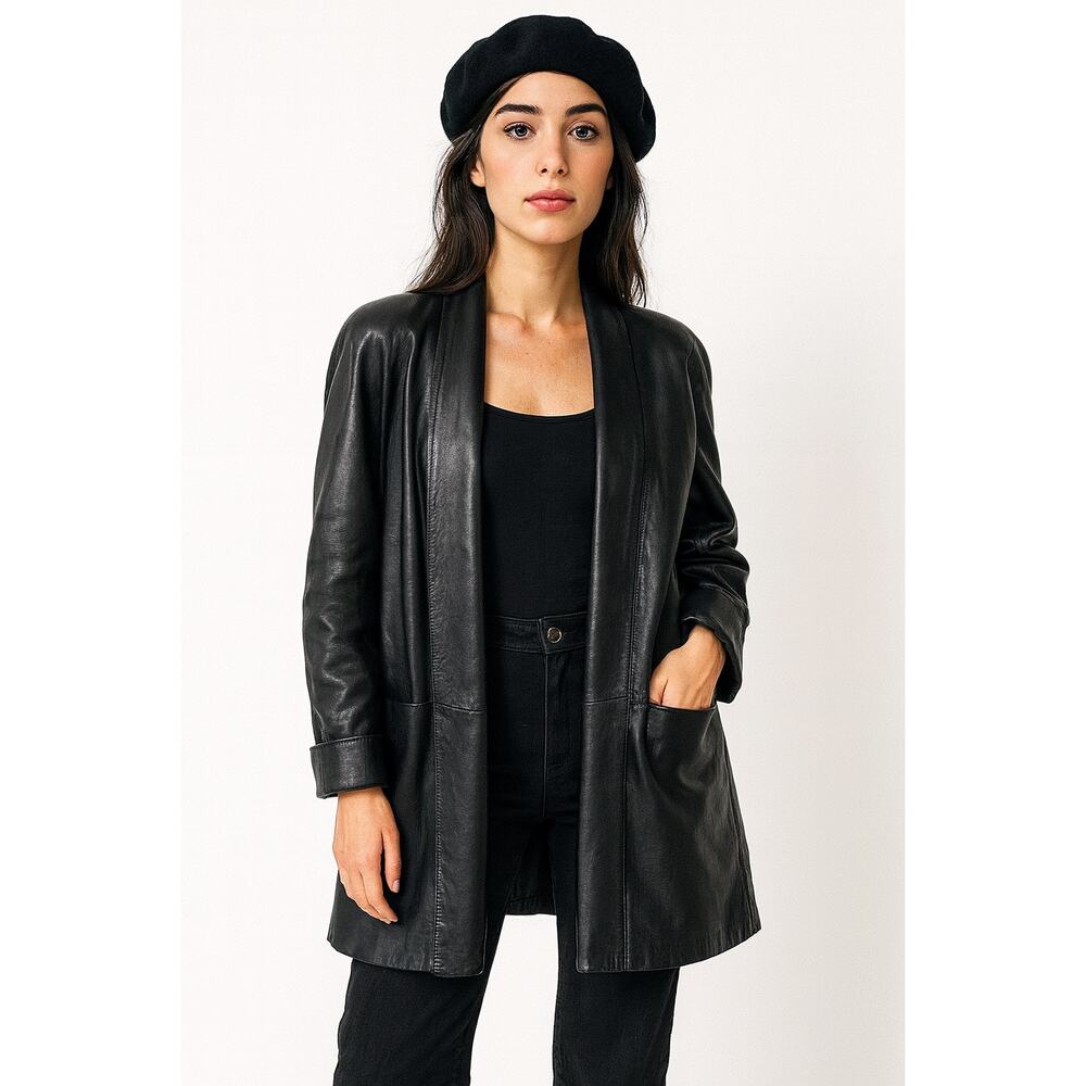 Vintage DERO Rocco D’Amelio Oversized Black Leather Open Front Coat Jacket